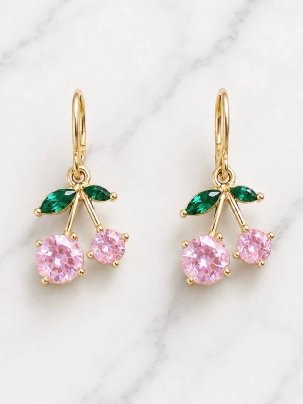 Pink Cherry Drop Earrings with Pink Stones and Green Leaves-Gold Hardware